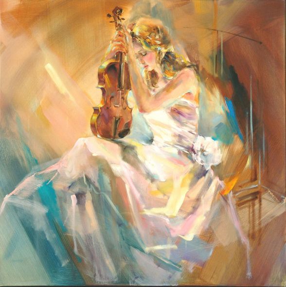 Anna Razumovskaya Hand Signed and Numbered Limited Edition Artist Embellished Canvas Giclee: "Romance With A Violin"