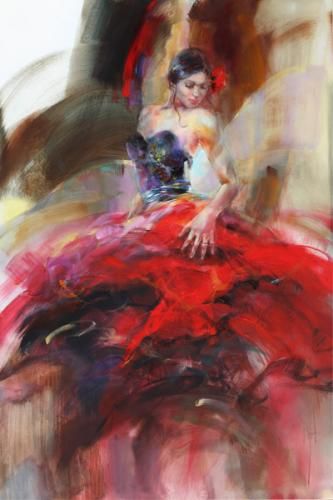 Anna Razumovskaya Hand Signed and Numbered Limited Edition Artist Embellished Canvas Giclee: "Scarlet Salsa"