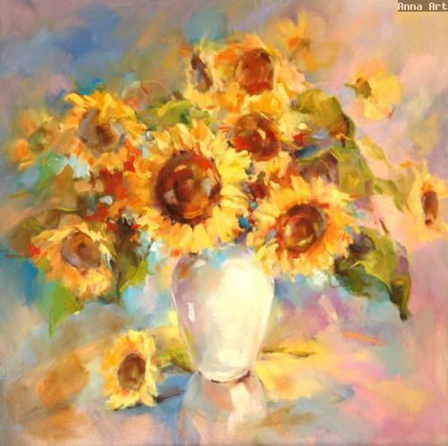 Anna Razumovskaya Hand Signed and Numbered Limited Edition Artist Embellished Canvas Giclee: "SUNFLOWERS"