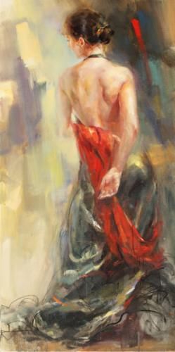 Anna Razumovskaya Hand Signed and Numbered Limited Edition Artist Embellished Canvas Giclee: "The Red Scarf"
