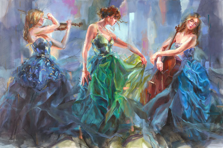 Anna Razumovskaya Hand Signed and Numbered Limited Edition Artist Embellished Canvas Giclee: "Three Angels"