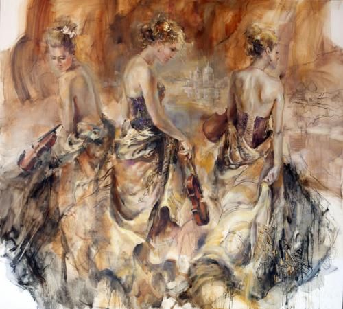 Anna Razumovskaya Hand Signed and Numbered Limited Edition Artist Embellished Canvas Giclee:"Ventian Graces (Sepia)"