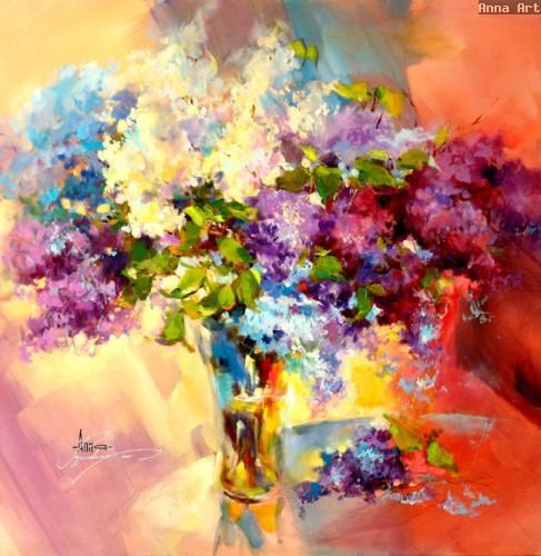 Anna Razumovskaya Hand Signed and Numbered Limited Edition Artist Embellished Canvas Giclee: "WILD LILAC 5"