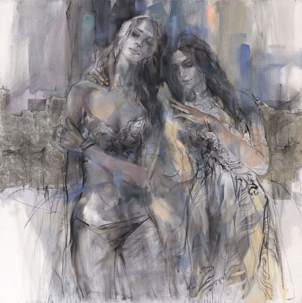 Anna Razumovskaya Hand Signed and Numbered Limited Edition Embellished Canvas Giclee:"Silver Lining 2"