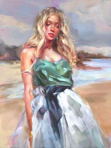 Anna Razumovskaya Hand Signed and Numbered Limited Edition Embellished Canvas Giclee:"Salt In Her Hair"