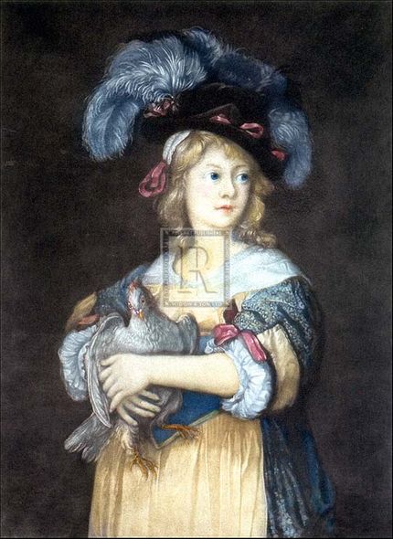Anonymous Artist Hand Colored Copper Plate Printed Atelier Print:"Girl with a Hen"