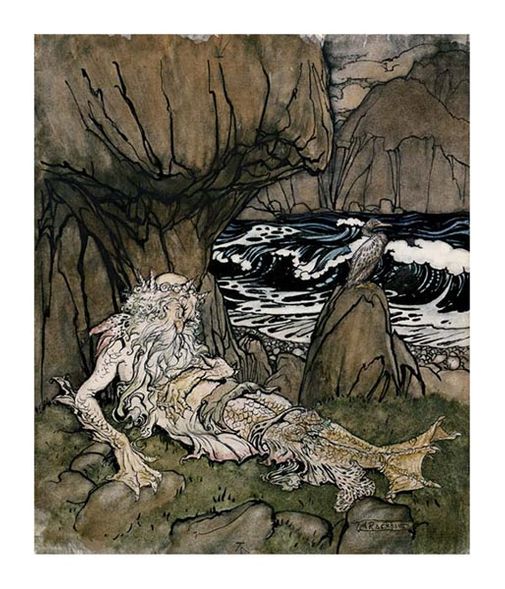 Arthur Rackham Fine Art Open Edition Gicl&eacute;e:"A Crowned 'Merman' a Sea God Sleeping on a Rocky Shore"