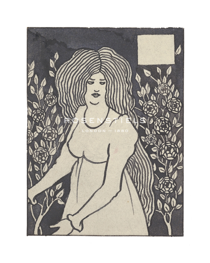 Aubrey Beardsley Hand Numbered Limited Edition Print on Paper :"Long-haired Woman in Front of Tall Rosebushes"
