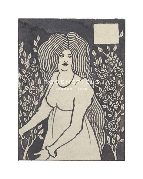 Aubrey Beardsley Hand Numbered Limited Edition Print on Paper :"Long-haired Woman in Front of Tall Rosebushes"