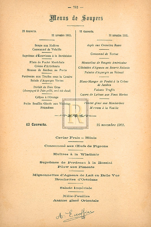 Auguste Escoffier Hand Numbered Limited Edition Print on Paper :"Menus De Soupers"