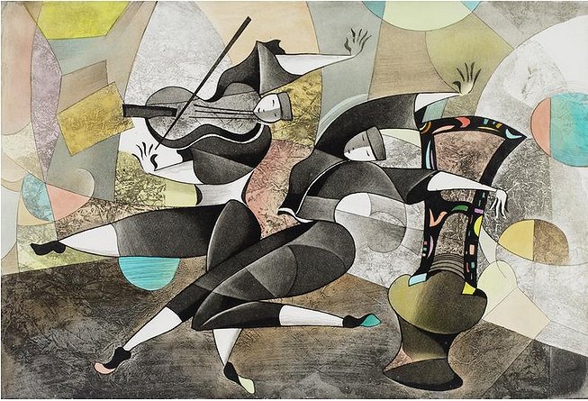David Schluss Limited Edition Hand-Colored Etchings on Paper:"Musical Chair"