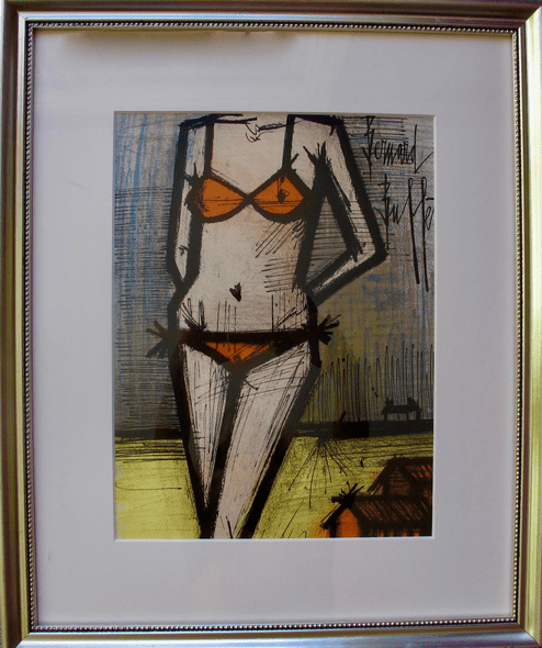 Bernard Berthois-Rigal Framed Original Art Lithograph Plate Signed:"La Plage 1967"