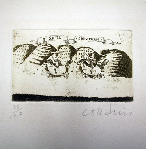 BRIGITTE COUDRAIN Artist Signed Limited Edition Etching on Paper: "L'HOREB WITH SAUL & JONATHAN"
