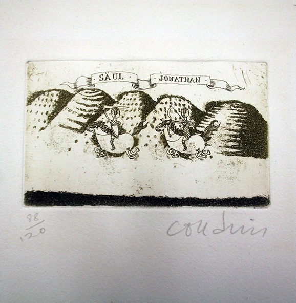BRIGITTE COUDRAIN Artist Signed Limited Edition Etching on Paper: "L'HOREB WITH SAUL & JONATHAN"