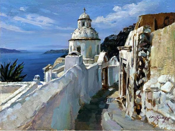Cao Yong Hand Signed and Numbered Limited Edition H/E Canvas Giclee:"Path to the Seaside Santorini"