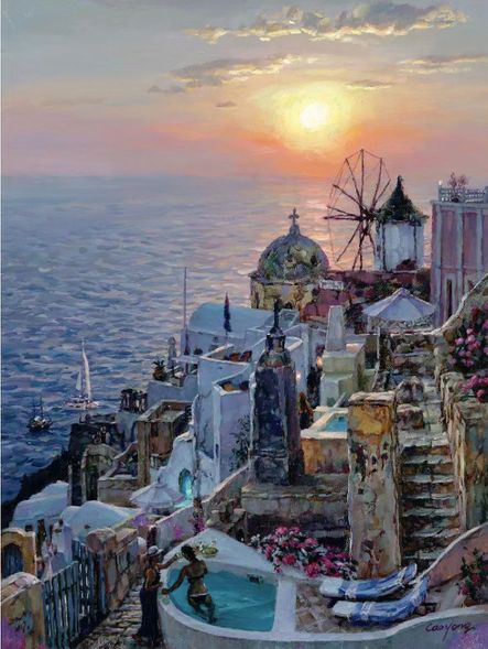 Cao Yong Hand Signed and Numbered Limited Edition H/E Canvas Giclee:"Santorini Sunset"