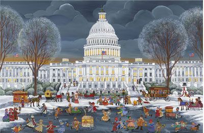 Carol Dyer Handsigned and Numbered Limited Edition Giclee on Canvas:"Capitol Skating Party "