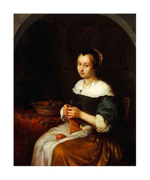 Caspar Netscher Fine Art Open Edition Gicl&eacute;e:"A Woman Knitting with a Basket of Fruit"