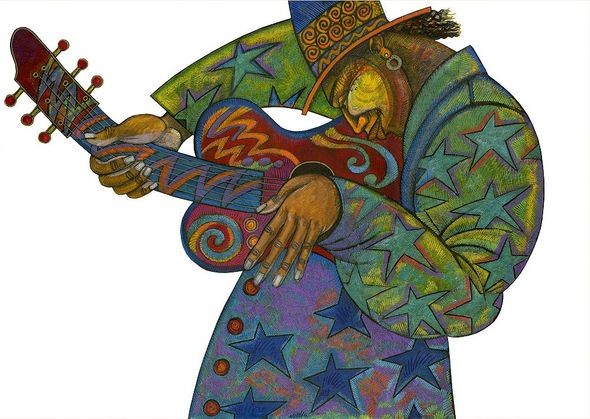 Charles Bibbs Artist Signed Limited Edition Remarque Giclee Print:"Big Man Guitar"