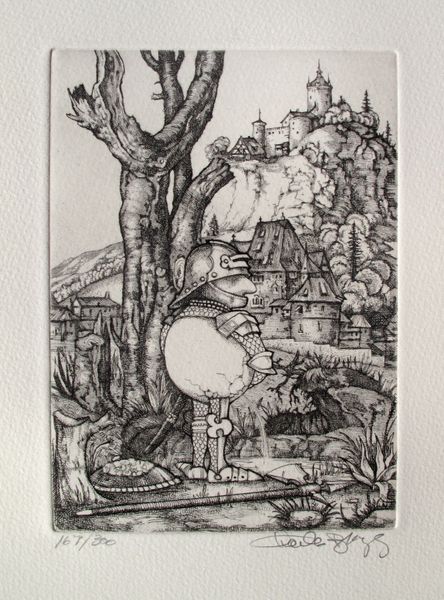 Charles Bragg Hand Signed Limited Edition Etching:"Pissing Camelot Series"