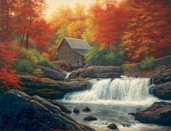Charles White Handsigned & Numbered Limited Edition Giclee on Canvas:"Glade Creek Grist Mill"