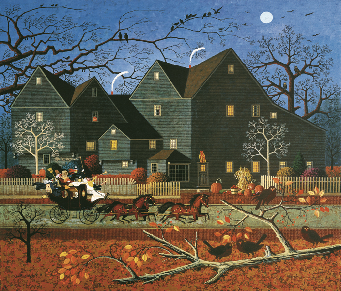 Charles Wysocki Unsigned Open Edition Giclee on Canvas: "Hellraisers Passing the House of Seven Gables on Halloween Night"
