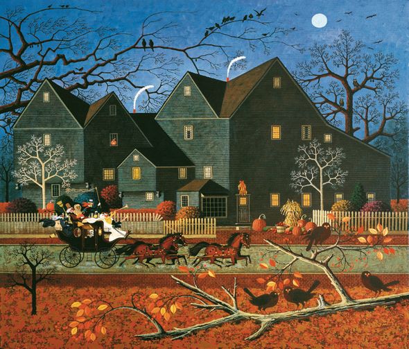 Charles Wysocki Unsigned Open Edition Giclee on Canvas: "Hellraisers Passing the House of Seven Gables on Halloween Night"