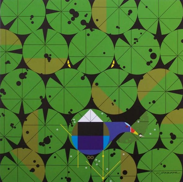 Charley Harper Open Edition Lithograph :"Gallinule and Gator"