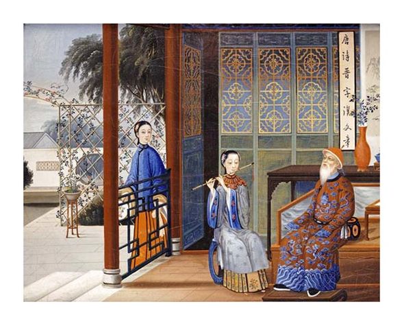 Chinese School Fine Art Open Edition Gicl&eacute;e:"An Elderly Gentleman Listening to a Flautist in an Interior"