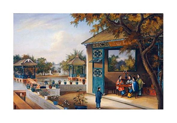 Chinese School Fine Art Open Edition Gicl&eacute;e:"Chinese Ladies Playing Mahjong in the Pavilion of a House"