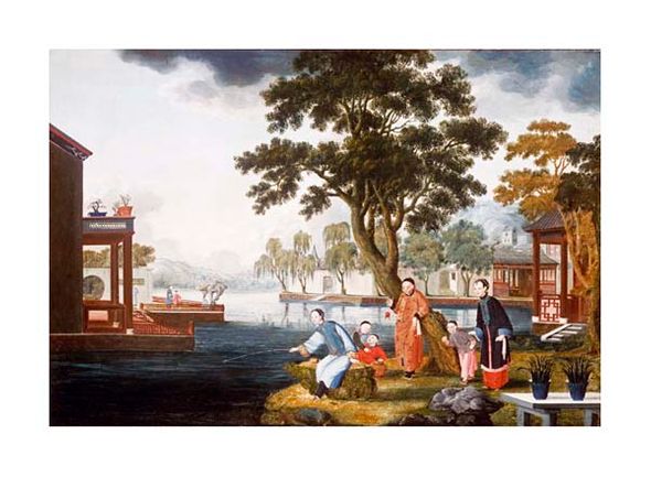 Chinese School Fine Art Open Edition Giclée:"Summer: a Family Fishing by a Lake"
