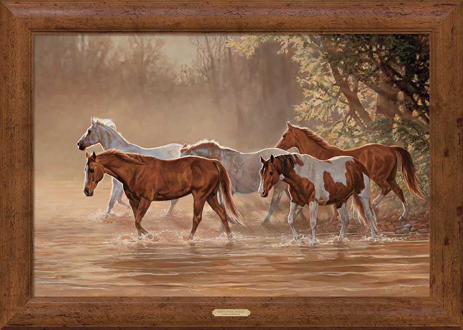 Chris Cummings Framed Gallery Canvas: "Misty River-Horses"
