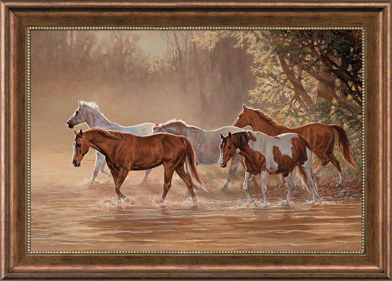 Chris Cummings Framed Gallery Canvas: "Misty River-Horses"