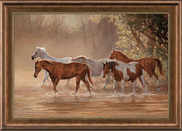 Chris Cummings Framed Gallery Canvas: "Misty River-Horses"