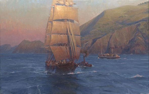 Christopher Blossom Artist Signed Limited Edition Masterwork Canvas:"Sunrise in the Golden Gate, Down Easter Benjamin Packard"