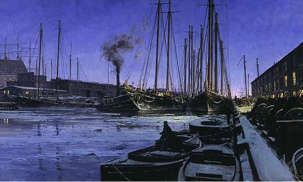 Christopher Blossom Artist Proof Limited Edition Print:"Winter Dawn at Boston T Wharf"