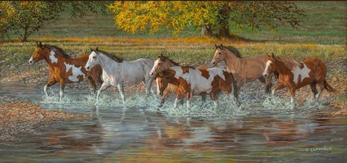 Chris Cummings Artist Signed and Numbered Print:"Crossing Walker Meadow – Palomino Horses"