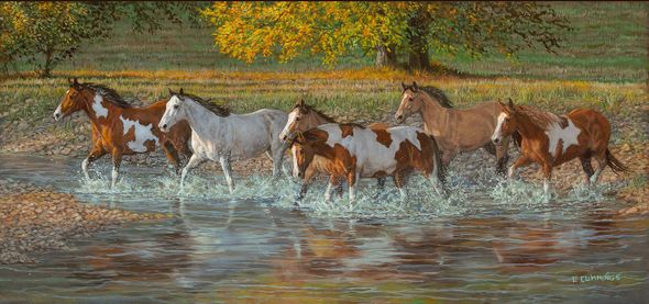 Chris Cummings Artist Signed and Numbered Print:"Crossing Walker Meadow – Palomino Horses"