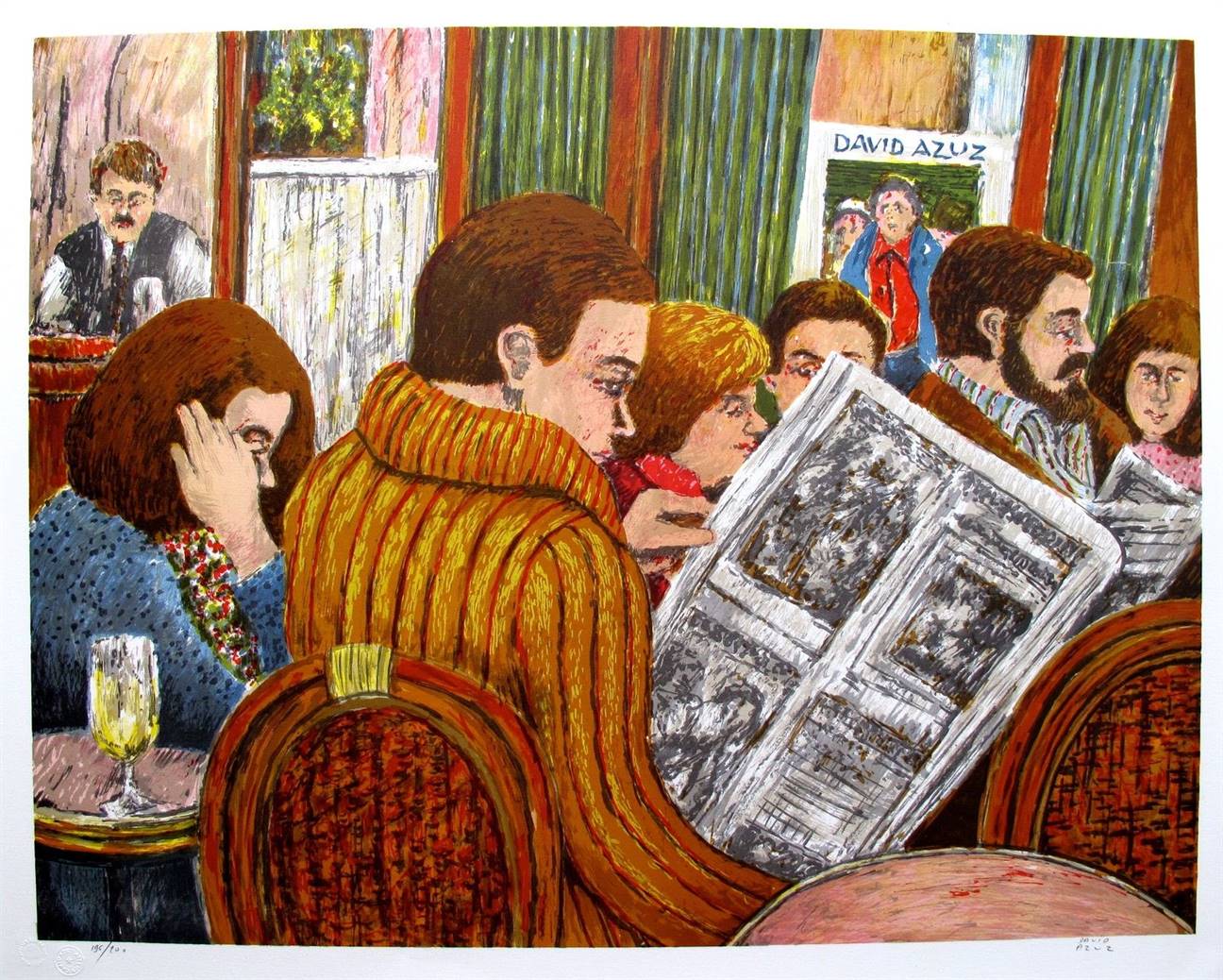 David Azuz Hand Signed Limited Edition Lithograph:"Couple Bar Montparnasse Paris"