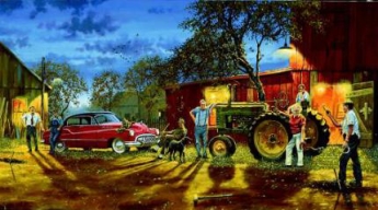 DAVID BARNHOUSE 15X28 Secondary Market Art: "PITCHING DOUBLE RINGER"