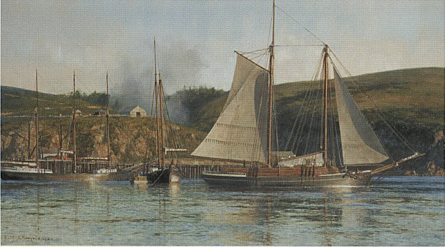 David Thimgan Hand Signed and Numbered Limited Edition Giclee on Canvas "Schooner Sacramento at Albion, Calfornia"