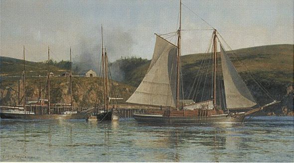 David Thimgan Hand Signed and Numbered Limited Edition Giclee on Canvas "Schooner Sacramento at Albion, Calfornia"