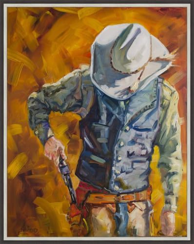 DIANE WHITEHEAD 41.75X33.75 STACKED FLOAT FRAMED CANVAS:"FINAL COWBOY GUN"