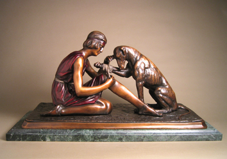 Dimitri Chiparus Handcrafted Solid Bronze Sculpture:"Dog's Best Friend"