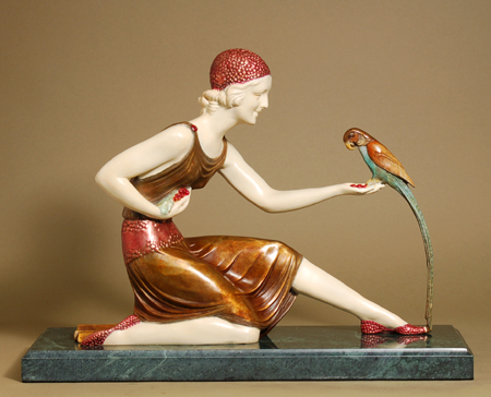 Dimitri Chiparus Handcrafted Solid Bronze Sculpture:"Girl with Parrot"