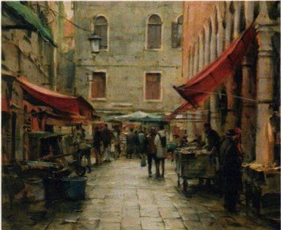 Dmitri Danish Handsigned & Numbered Limited Edition Embellished Giclee on Canvas:"Afternoon at the Market"
