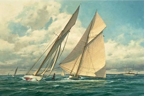 Limited edition canvas giclee by Donald Demers titled "At the Windward Turn," featuring two sailboats racing on a vibrant ocean under a cloudy sky, showcasing fine art print details.