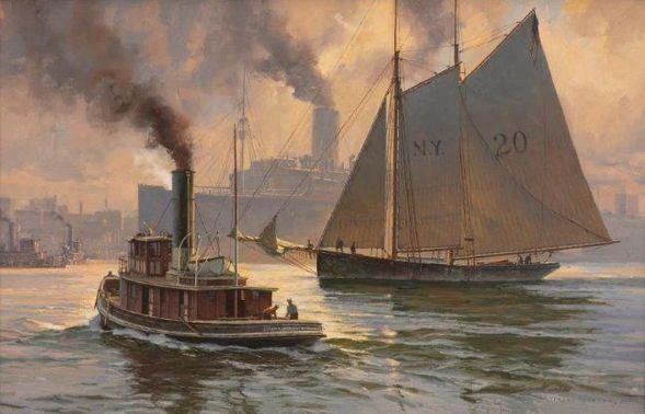Donald Demers Artist Signed & Numbered Limited Edition Canvas Giclee:"Sail and Steam on The East River"