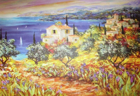 Duaiv Signed Fine Art Lithograph Print on Paper: "Seaside Village" Duaiv Signed Fine Art Lithograph Print on Paper: "Seaside Village"