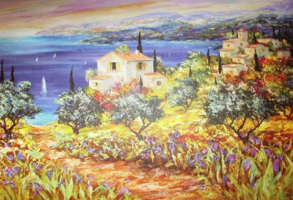 Duaiv Signed Fine Art Lithograph Print on Paper: "Seaside Village"